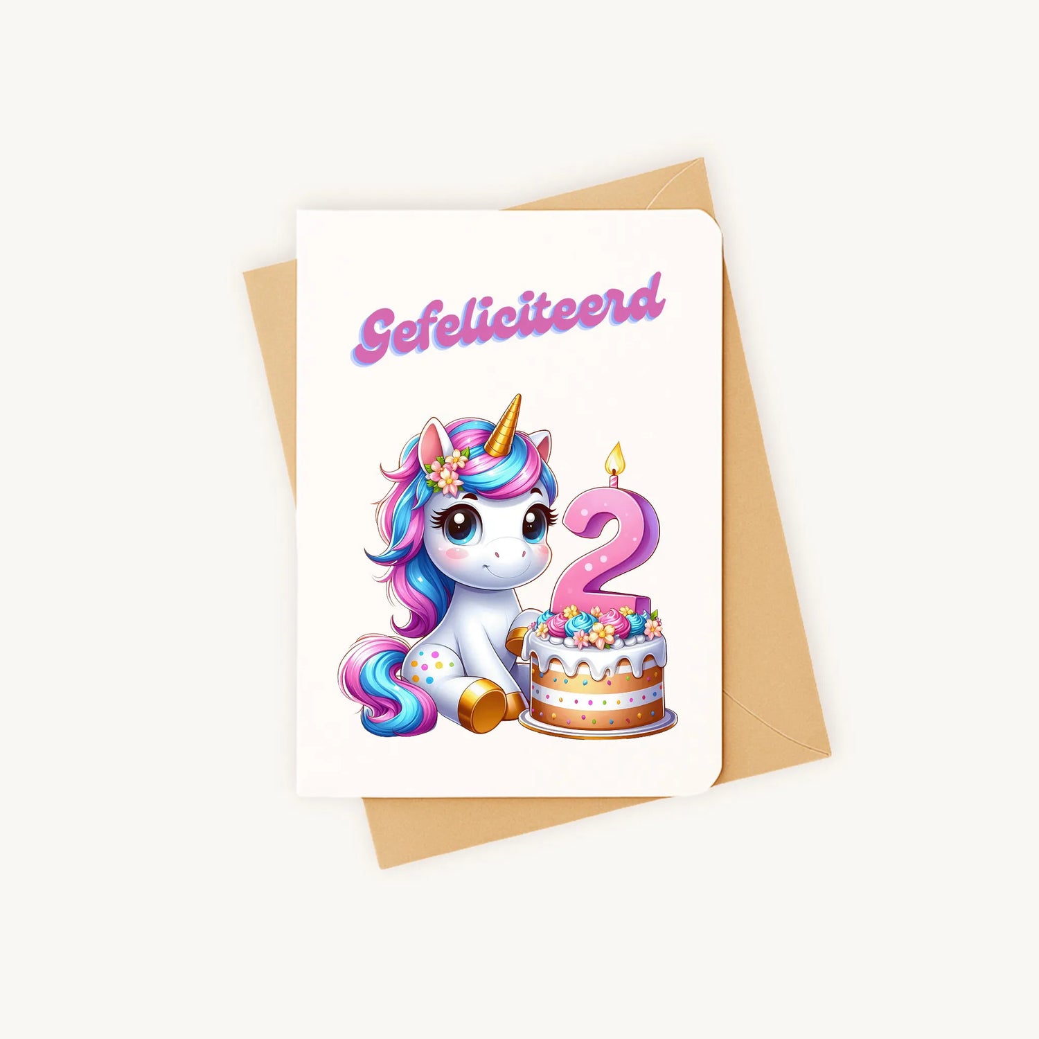 kleurrijke eenhoorn-verjaardagskaart met afgeronde hoeken inclusief kraft envelop gefeliciteerd 2 jaar