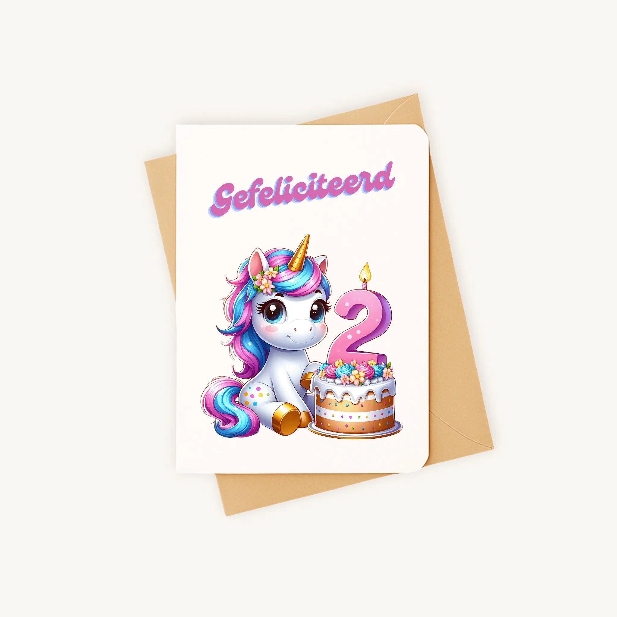 kleurrijke eenhoorn-verjaardagskaart met afgeronde hoeken inclusief kraft envelop gefeliciteerd 2 jaar