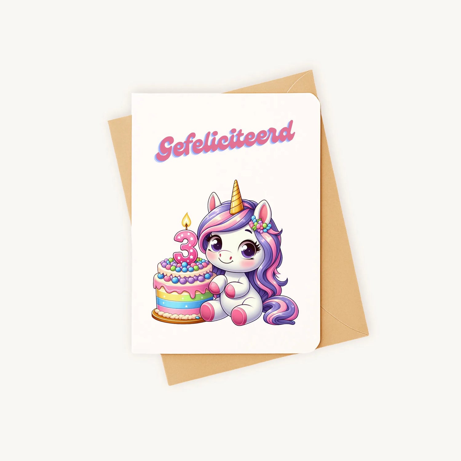 kleurrijke eenhoorn-verjaardagskaart met afgeronde hoeken inclusief kraft envelop gefeliciteerd 3 jaar
