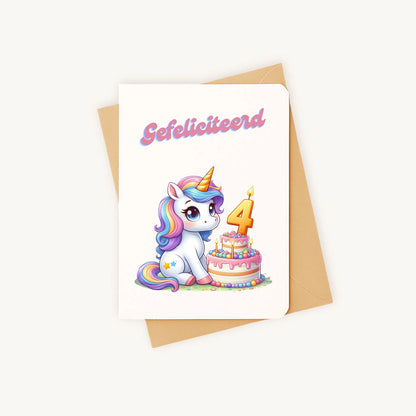 kleurrijke eenhoorn-verjaardagskaart met afgeronde hoeken inclusief kraft envelop gefeliciteerd 4 jaar