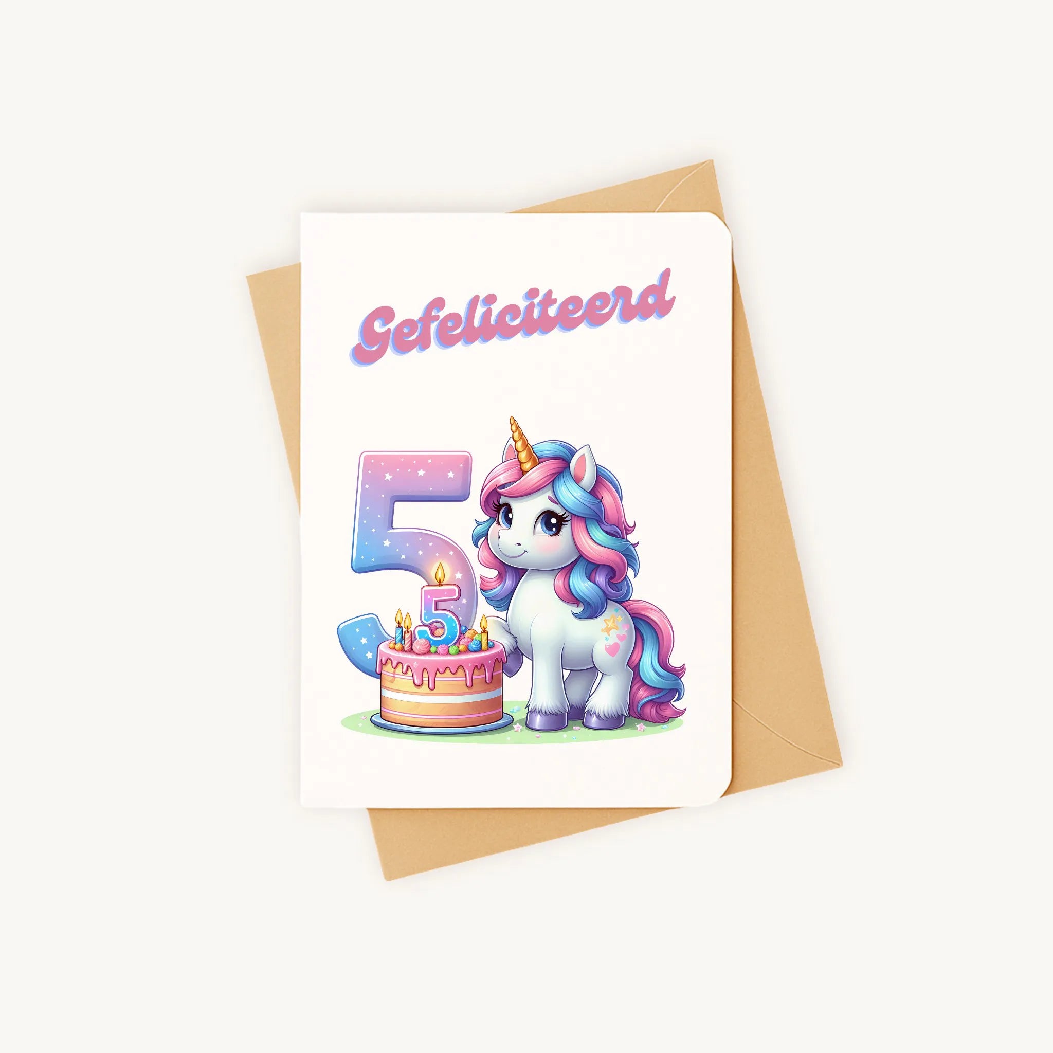 kleurrijke eenhoorn-verjaardagskaart met afgeronde hoeken inclusief kraft envelop gefeliciteerd 5 jaar