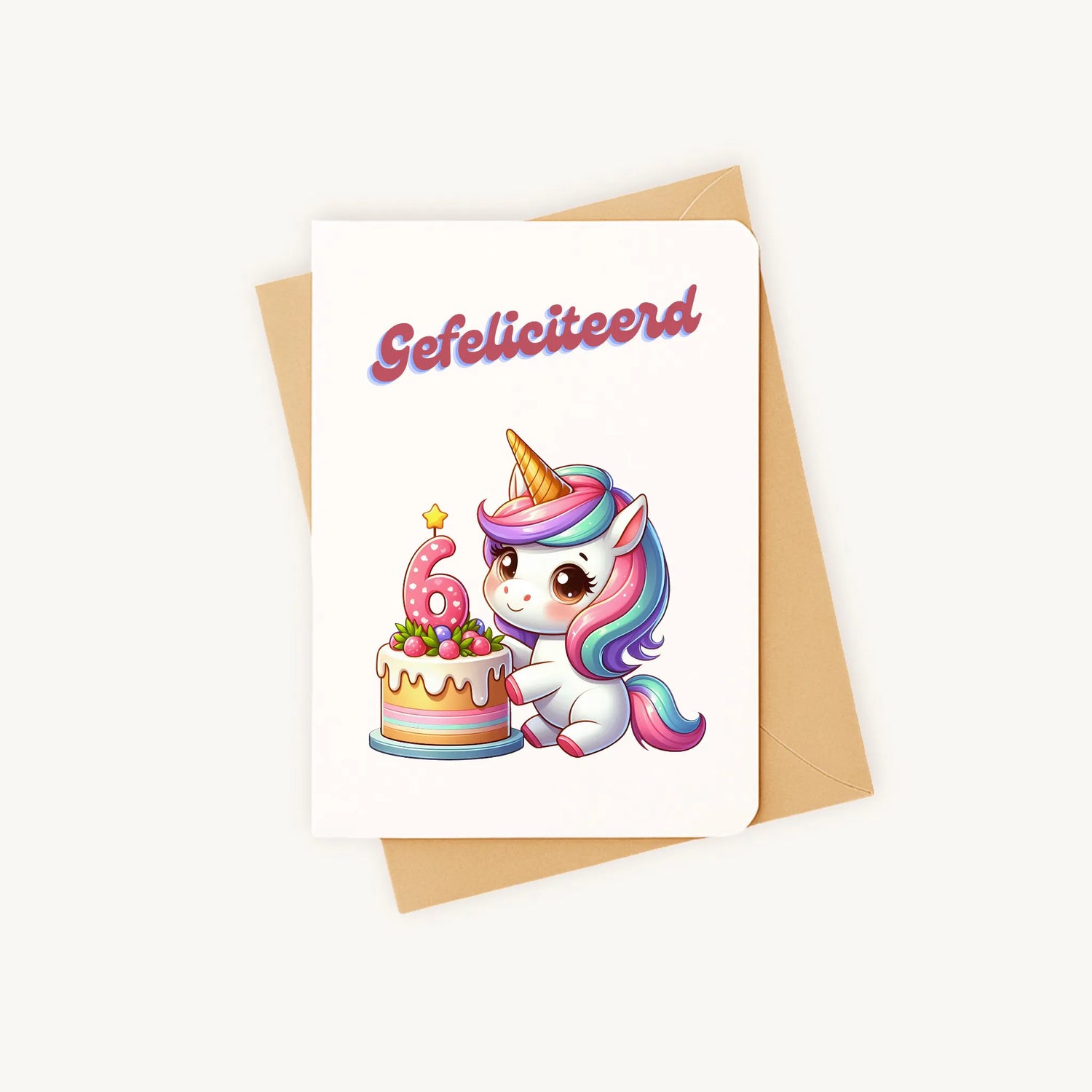 kleurrijke eenhoorn-verjaardagskaart met afgeronde hoeken inclusief kraft envelop gefeliciteerd 6 jaar