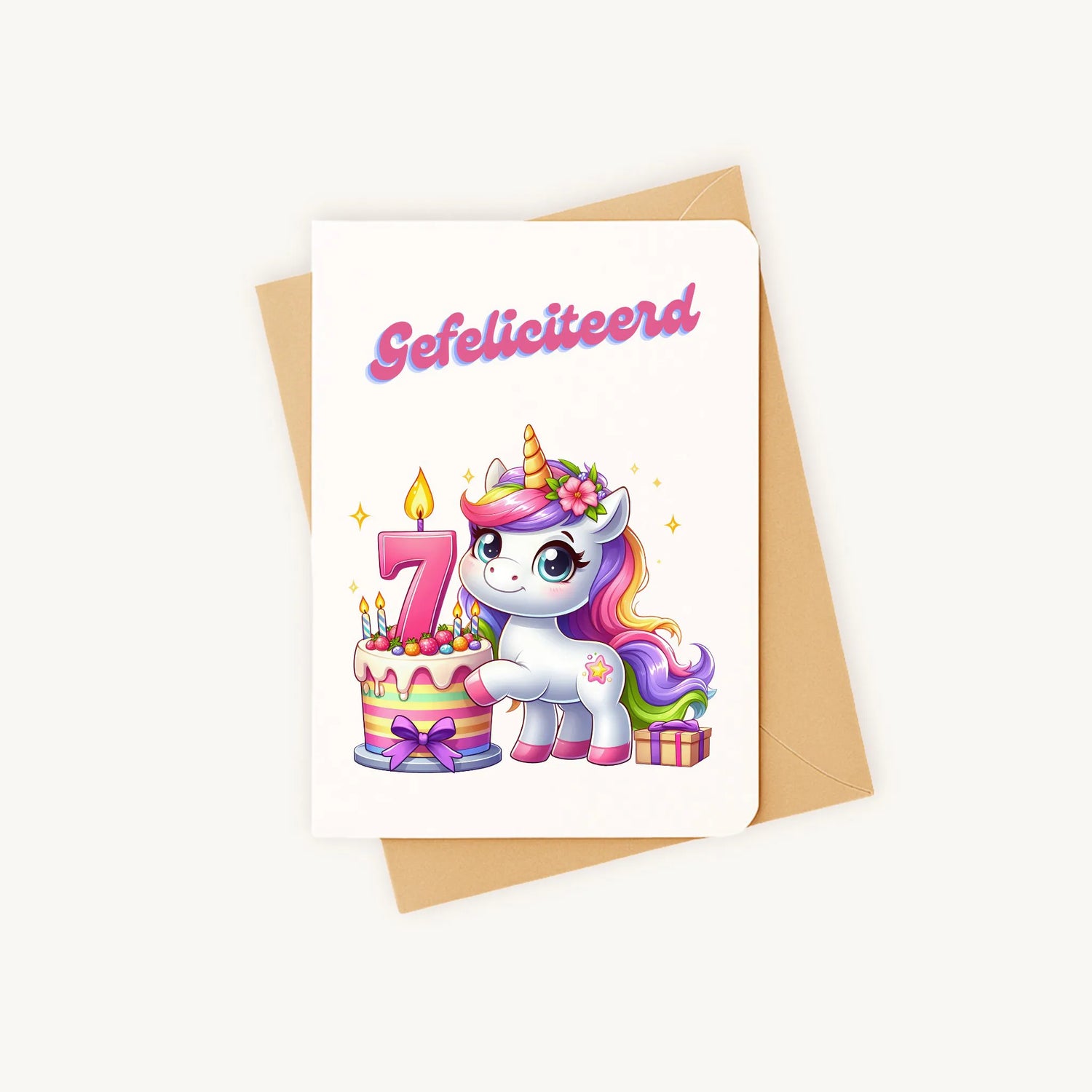 kleurrijke eenhoorn-verjaardagskaart met afgeronde hoeken inclusief kraft envelop gefeliciteerd 7 jaar