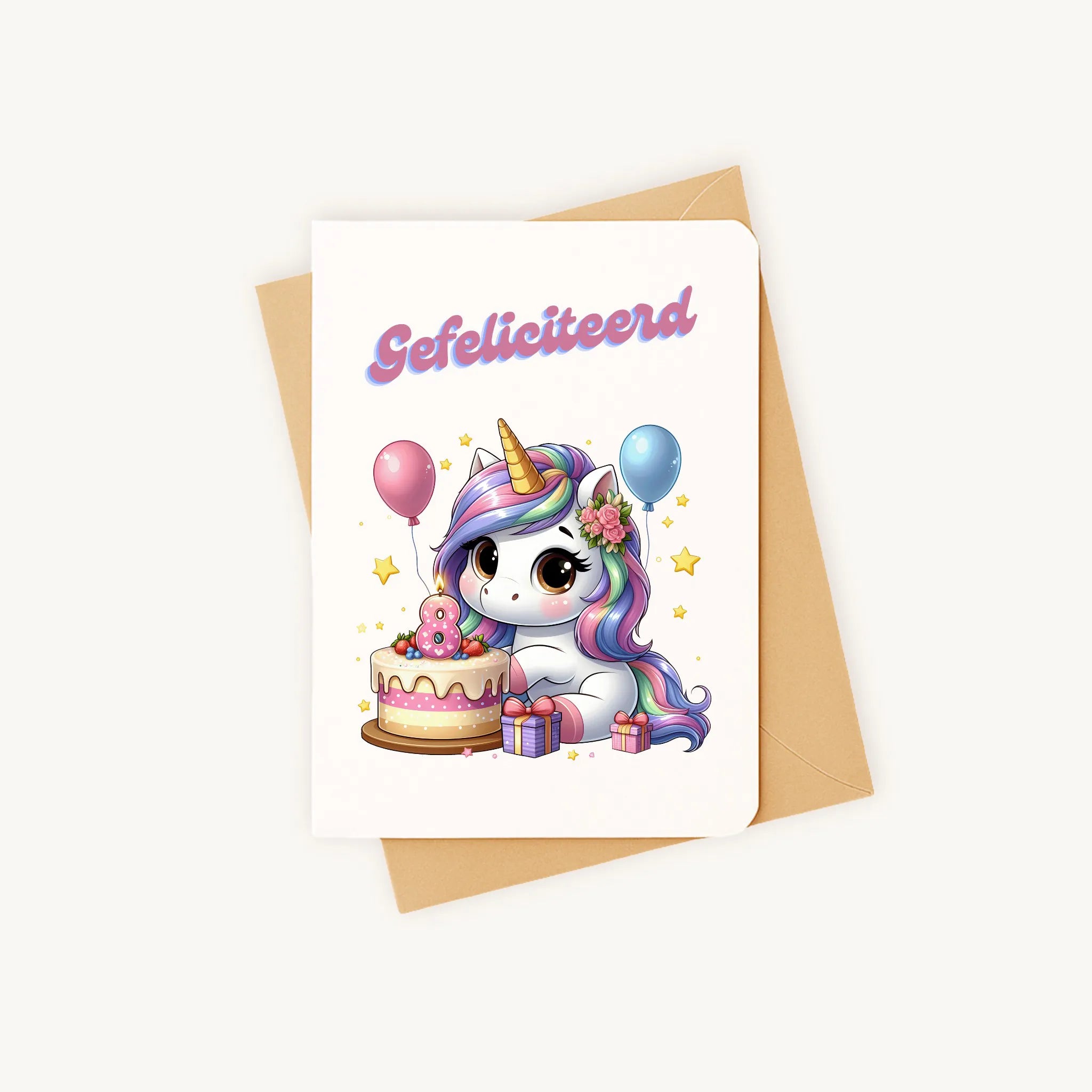 kleurrijke eenhoorn-verjaardagskaart met afgeronde hoeken inclusief kraft envelop gefeliciteerd 8 jaar