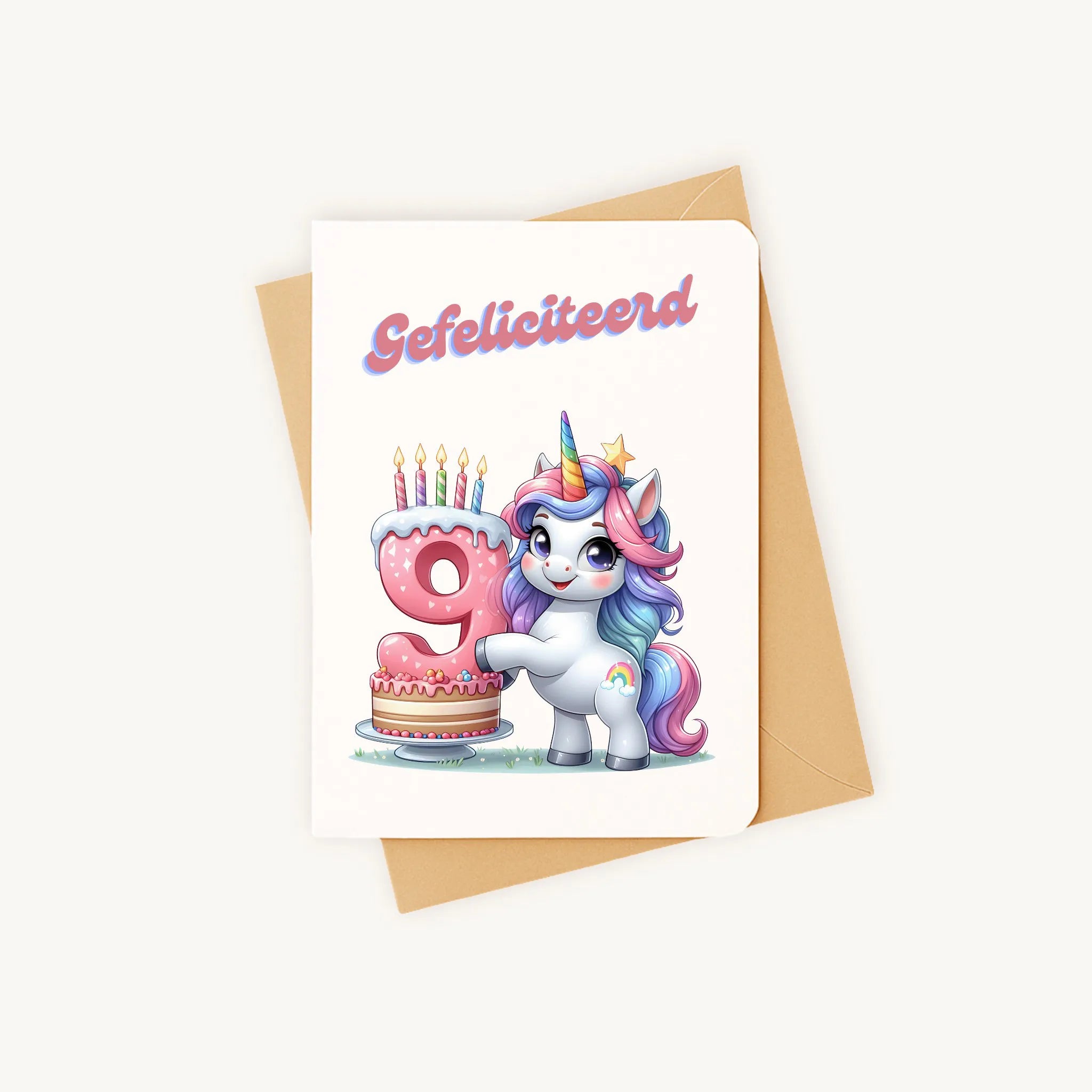 kleurrijke eenhoorn-verjaardagskaart met afgeronde hoeken inclusief kraft envelop gefeliciteerd 9 jaar