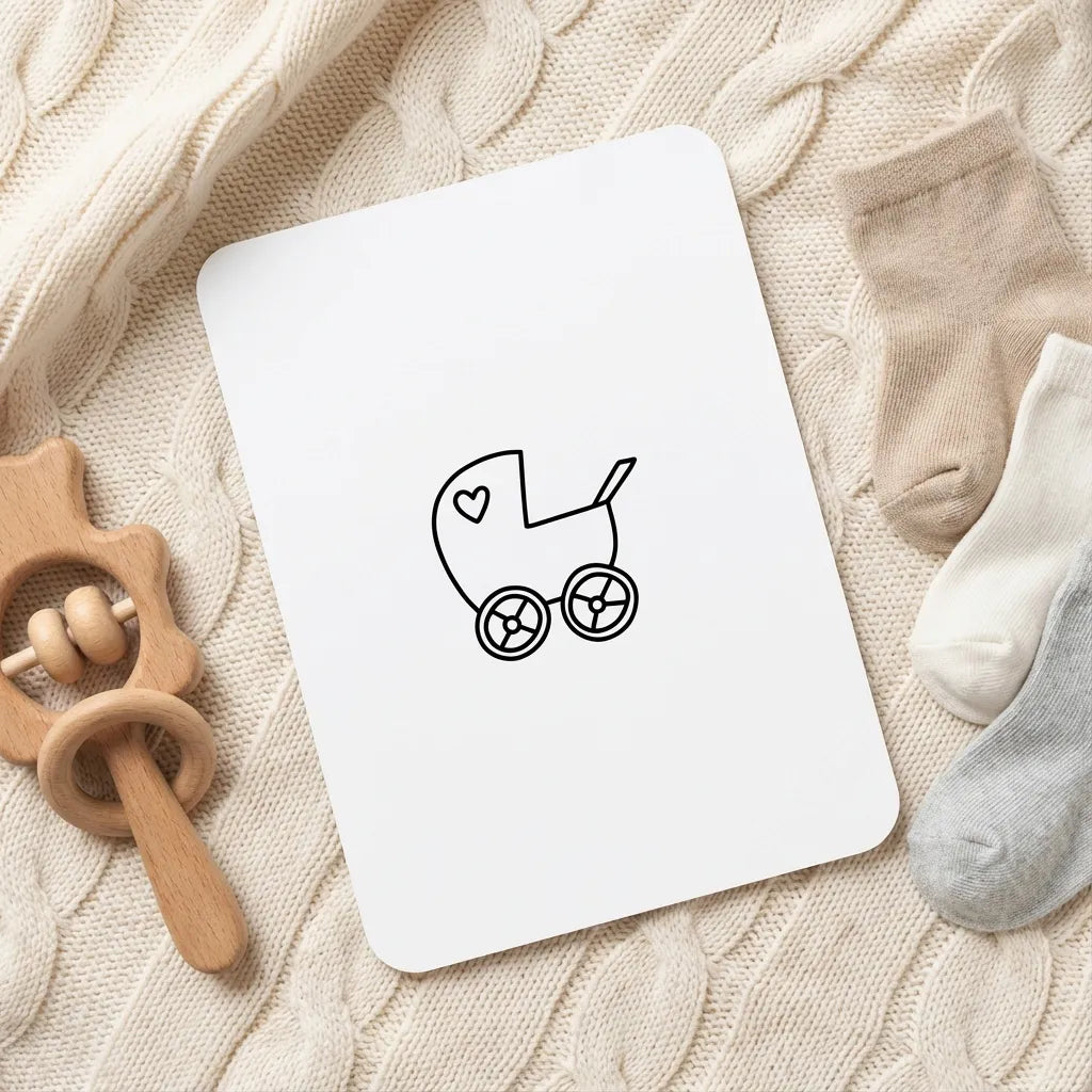 Babykaart met afgeronde hoeken op gebreide deken met houten bijtring en babysokjes