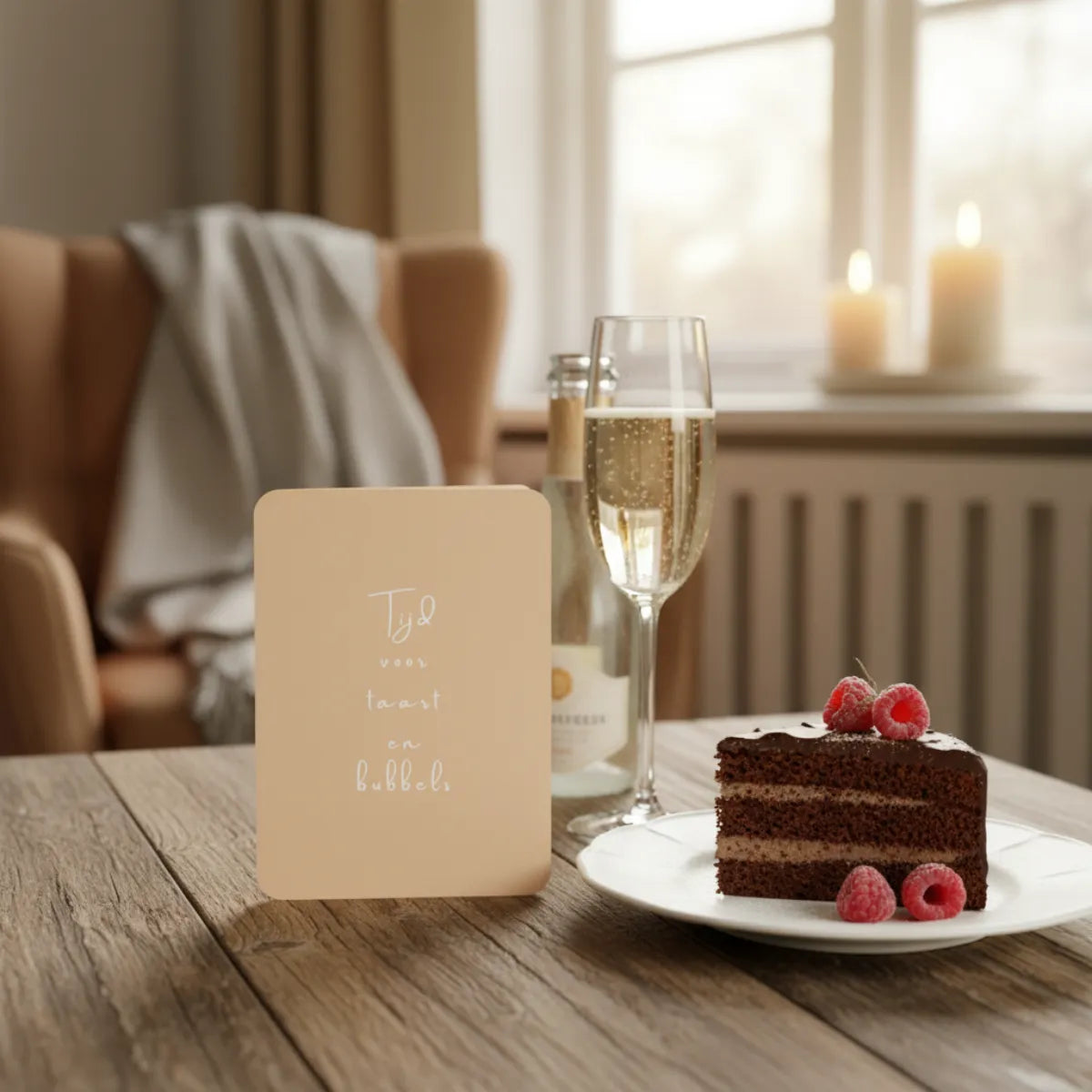 Enkele kaart met de tekst “Tijd voor taart en bubbels” rechtopstaand op een houten tafel, met een stukje taart en een glas bubbels erbij – warme, uitnodigende en feestelijke sfeer, hero-afbeelding voor de collectie enkele kaarten.