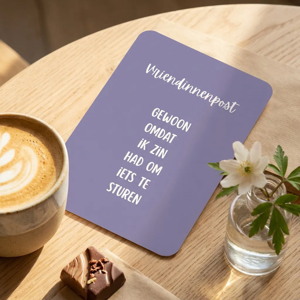 Zomaarkaart met afgeronde hoeken op houten tafel met koffie, chocolade en klein vaasje met bloem