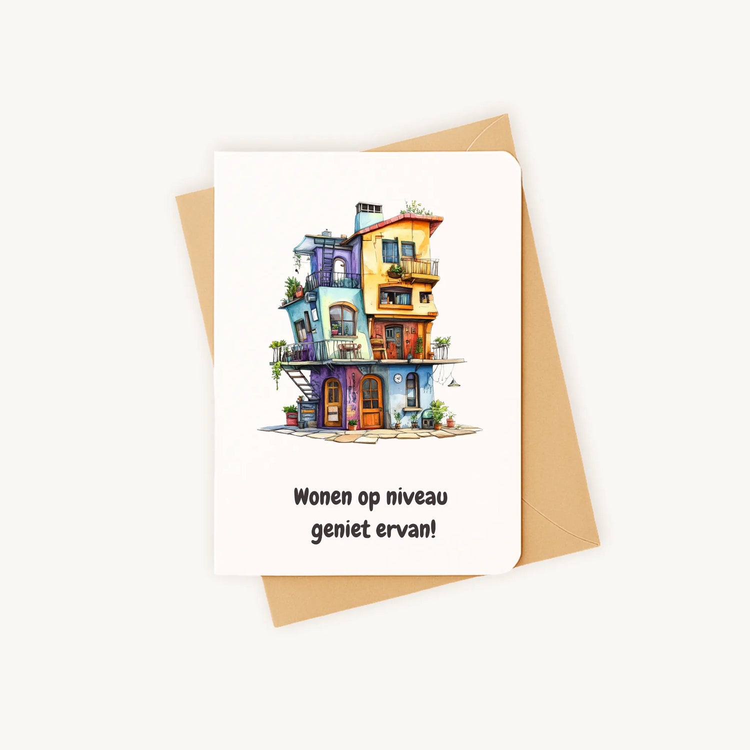 Staande kaart met fantasiehuisillustratie op kraftenvelop.