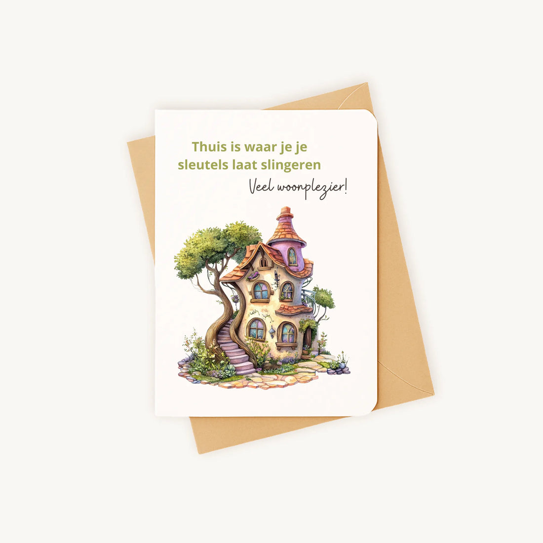 Staande kaart nieuwe woning met boom huisje op kraftenvelop.