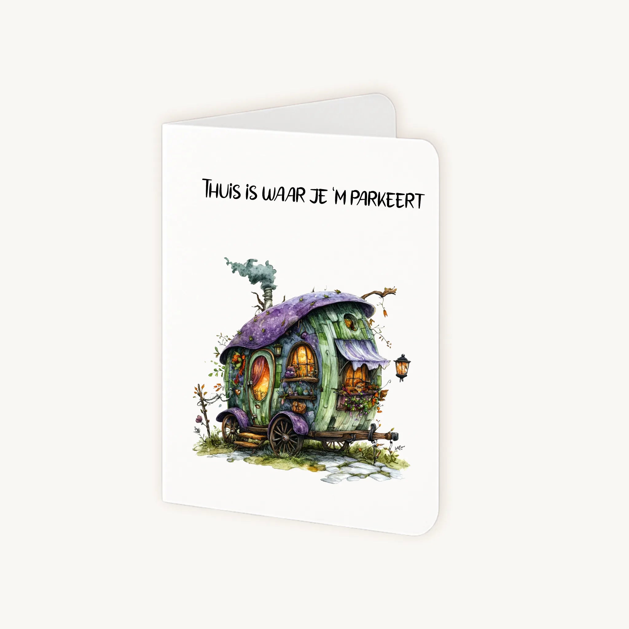 Staande kaart half geopend met tiny house illustratie en verhuistekst.
