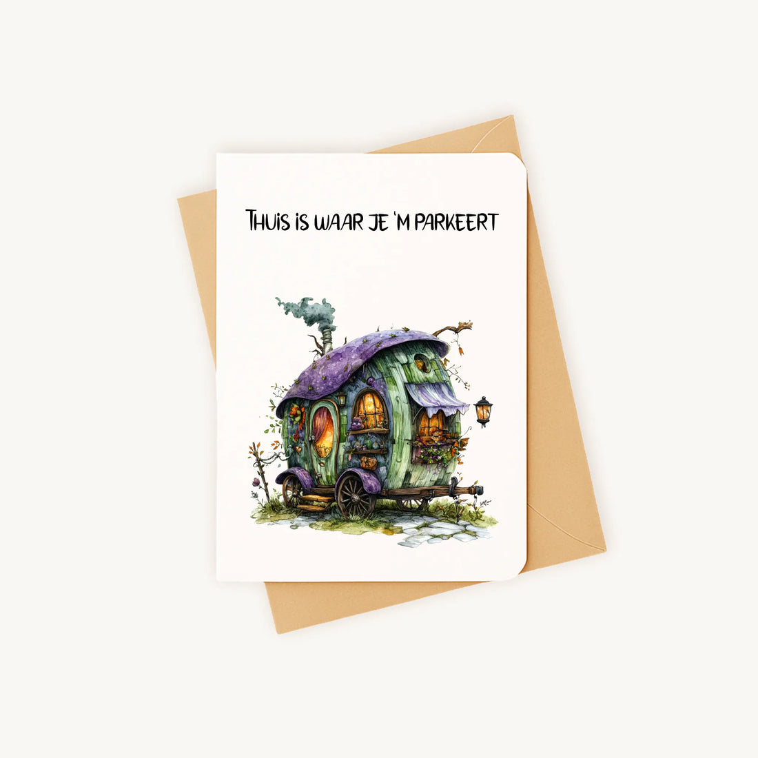 Staande kaart met huisje op wielen op kraftenvelop.