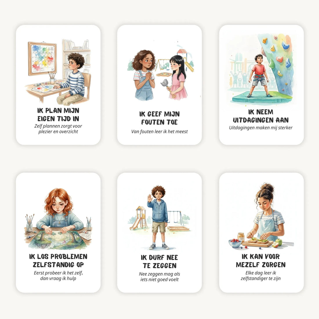 Flatlay van 6 aquarelkaarten met affirmaties en subtekst voor schoolkinderen, zachte tinten en afgeronde hoeken, sfeervol gepresenteerd op een lichte achtergrond.