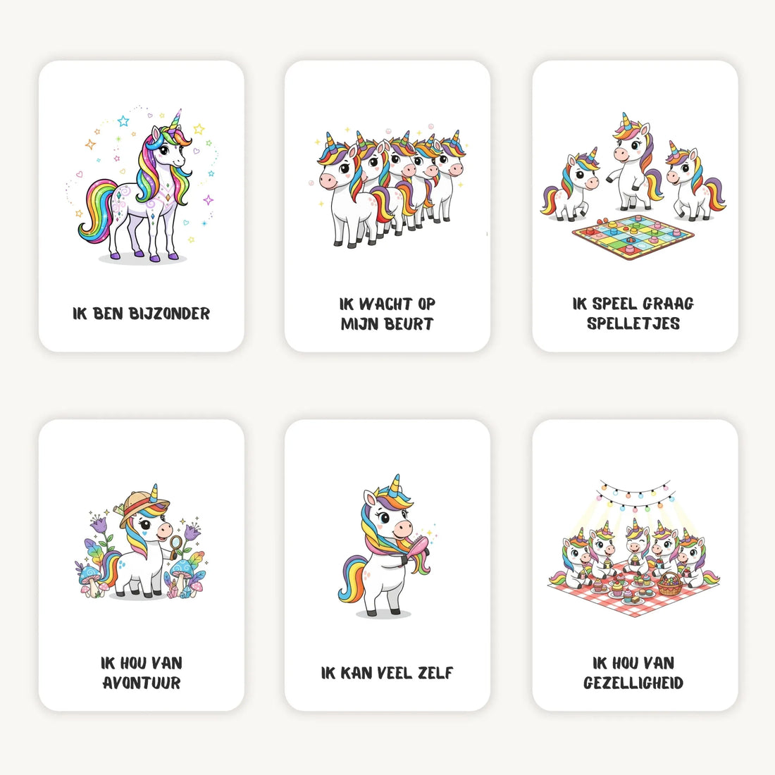 Flatlay van 6 kleurrijke cartoonkaarten voor kleuters met unicorns, in meisjesstijl met afgeronde hoeken, zachte pastelkleuren en een vrolijke uitstraling.