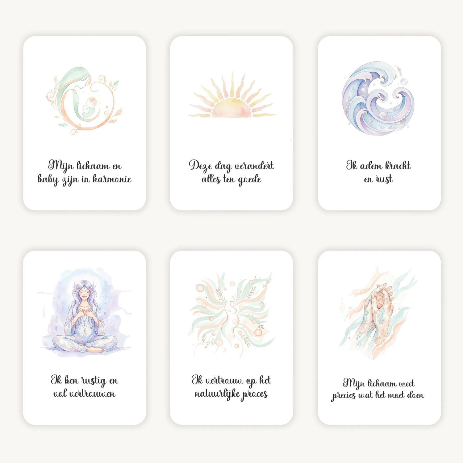 Flatlay van 6 dreamy boho aquarelkaarten met korte affirmaties rond bevalling, in zachte natuurlijke tinten met afgeronde hoeken en een serene, warme uitstraling.
