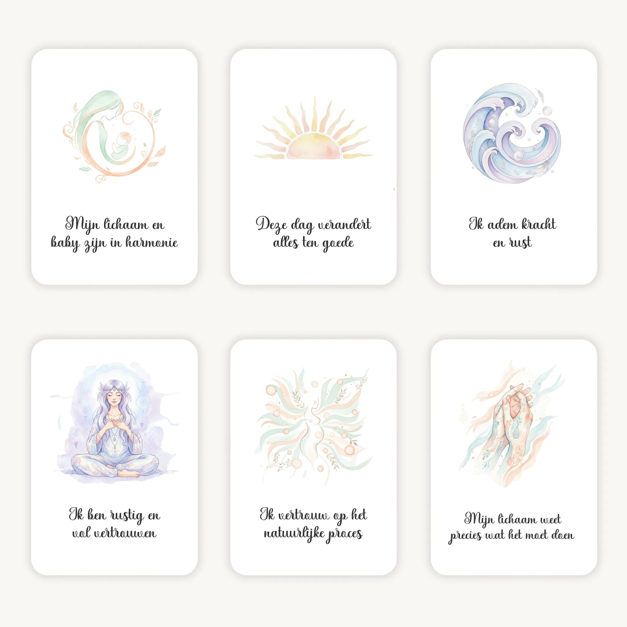 Flatlay van 6 dreamy boho aquarelkaarten met korte affirmaties rond bevalling, in zachte natuurlijke tinten met afgeronde hoeken en een serene, warme uitstraling.