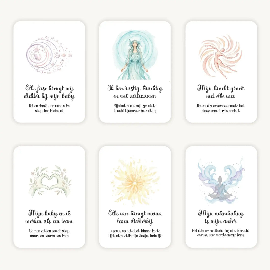 Flatlay van 6 dreamy boho aquarelkaarten met affirmaties en subtekst rond bevalling, in zachte natuurlijke kleuren met afgeronde hoeken en een dromerige, serene uitstraling.