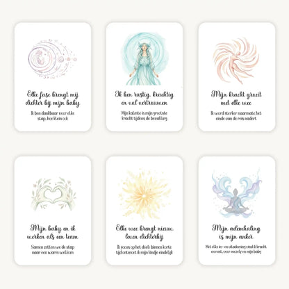 Flatlay van 6 dreamy boho aquarelkaarten met affirmaties en subtekst rond bevalling, in zachte natuurlijke kleuren met afgeronde hoeken en een dromerige, serene uitstraling.