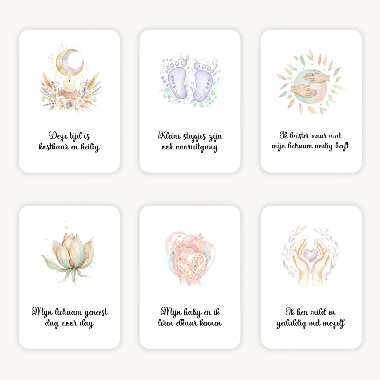 Flatlay van 6 dreamy boho aquarelkaarten met korte affirmaties voor na de bevalling, in zachte natuurlijke tinten met afgeronde hoeken en een serene, warme uitstraling.