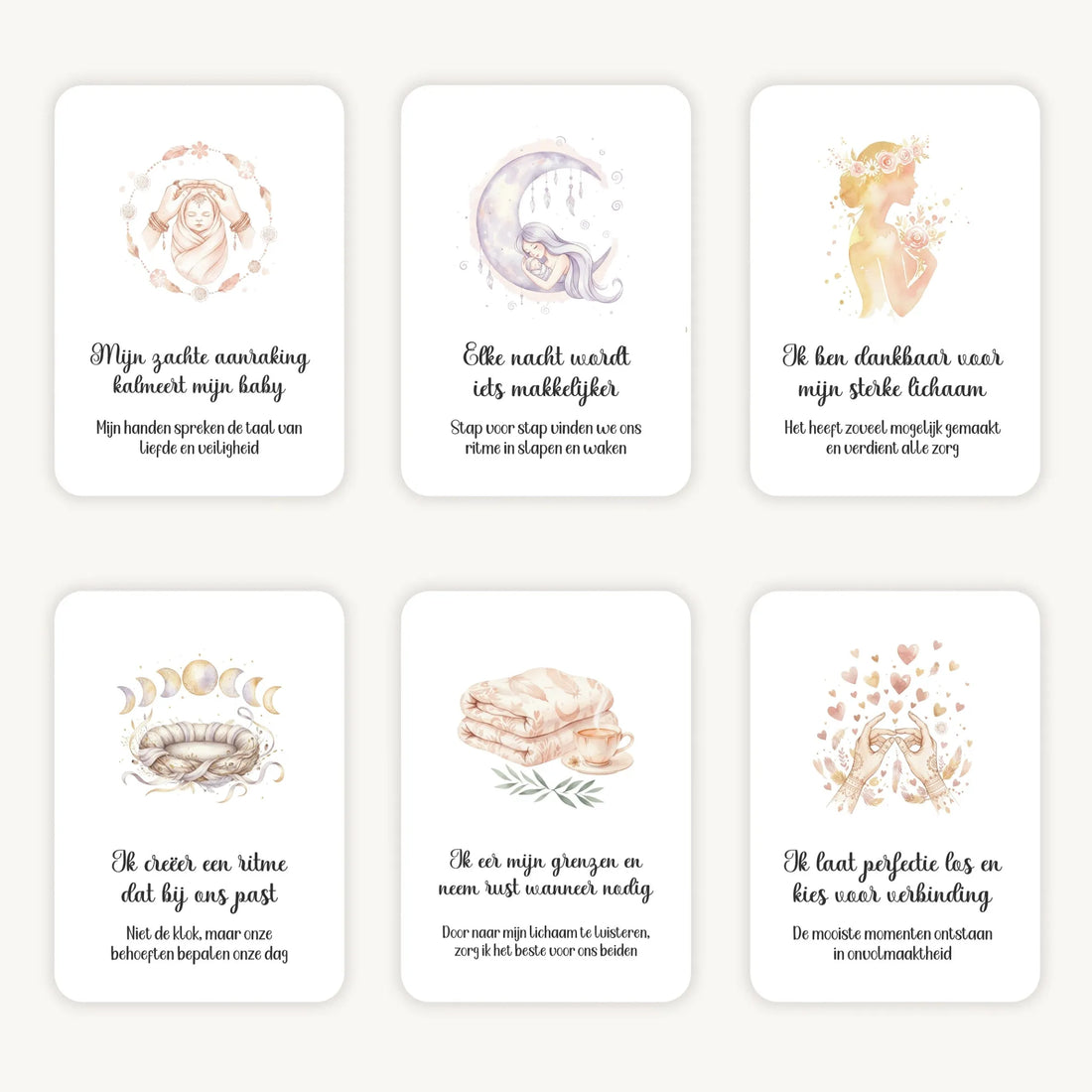 Flatlay van 6 dreamy boho aquarelkaarten met affirmaties met subtekst voor na de bevalling, in zachte natuurlijke tinten met afgeronde hoeken en een serene, warme uitstraling.