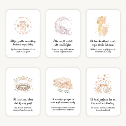 Flatlay van 6 dreamy boho aquarelkaarten met affirmaties met subtekst voor na de bevalling, in zachte natuurlijke tinten met afgeronde hoeken en een serene, warme uitstraling.
