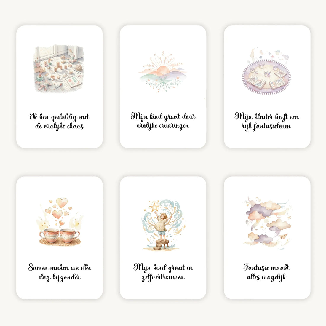 Flatlay van 6 dreamy boho aquarelkaarten met korte affirmaties over het opvoeden van kleuters, in zachte natuurlijke tinten met afgeronde hoeken en een warme, rustige uitstraling.