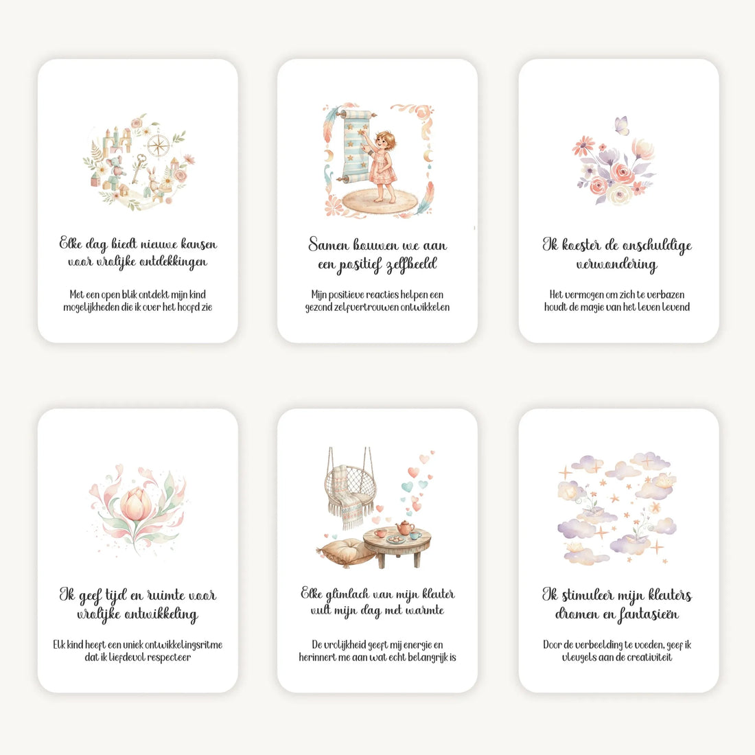 Flatlay van 6 dreamy boho aquarelkaarten met affirmaties en subtekst over het opvoeden van kleuters, in zachte natuurlijke kleuren met afgeronde hoeken en een dromerige, warme uitstraling.