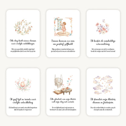 Flatlay van 6 dreamy boho aquarelkaarten met affirmaties en subtekst over het opvoeden van kleuters, in zachte natuurlijke kleuren met afgeronde hoeken en een dromerige, warme uitstraling.