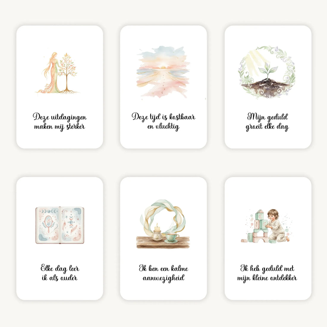 Flatlay van 6 dreamy boho aquarelkaarten met korte affirmaties over het opvoeden van peuters, in zachte natuurlijke tinten met afgeronde hoeken en een warme, rustige uitstraling.