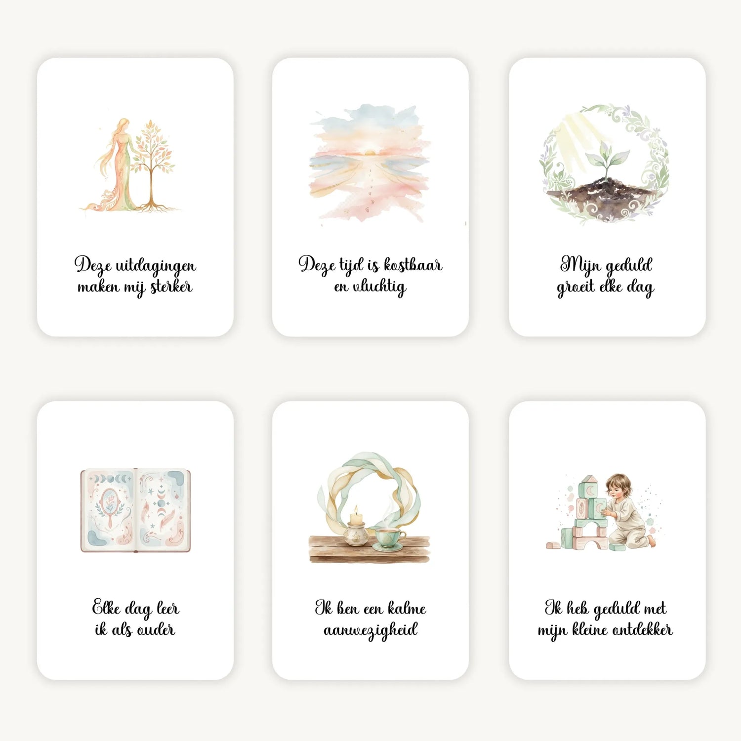 Flatlay van 6 dreamy boho aquarelkaarten met korte affirmaties over het opvoeden van peuters, in zachte natuurlijke tinten met afgeronde hoeken en een warme, rustige uitstraling.