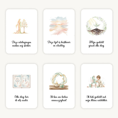 Flatlay van 6 dreamy boho aquarelkaarten met korte affirmaties over het opvoeden van peuters, in zachte natuurlijke tinten met afgeronde hoeken en een warme, rustige uitstraling.