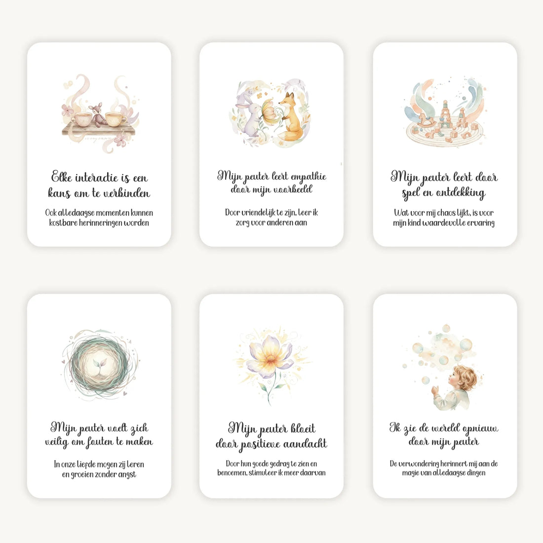 Flatlay van 6 dreamy boho aquarelkaarten met affirmaties en subtekst over het opvoeden van peuters, in zachte natuurlijke kleuren met afgeronde hoeken en een dromerige, warme uitstraling.