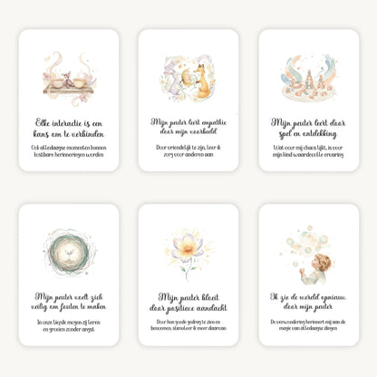Flatlay van 6 dreamy boho aquarelkaarten met affirmaties en subtekst over het opvoeden van peuters, in zachte natuurlijke kleuren met afgeronde hoeken en een dromerige, warme uitstraling.