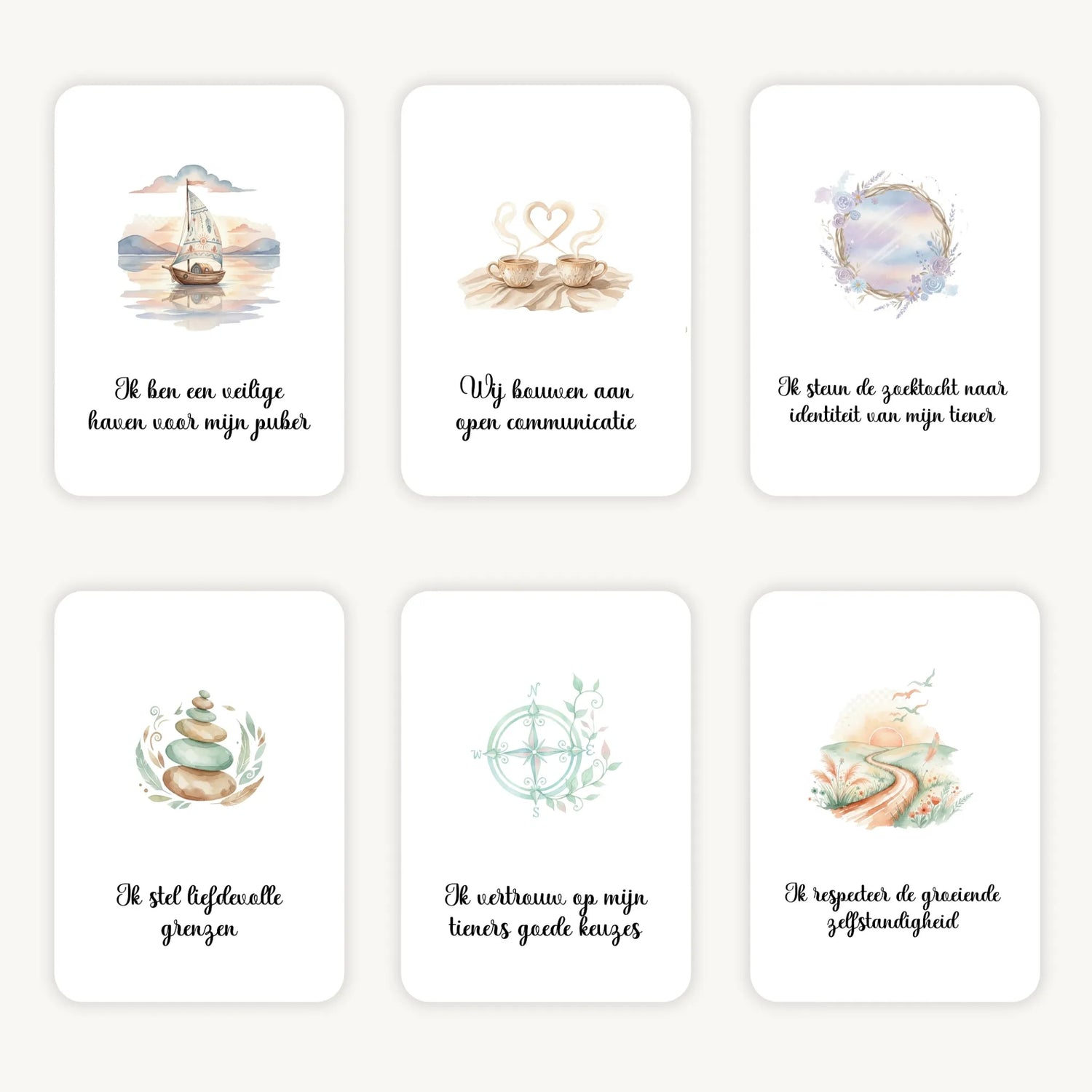 Flatlay van 6 dreamy boho aquarelkaarten met korte affirmaties over het opvoeden van pubers en tieners, in zachte natuurlijke tinten met afgeronde hoeken en een rustige, evenwichtige uitstraling.