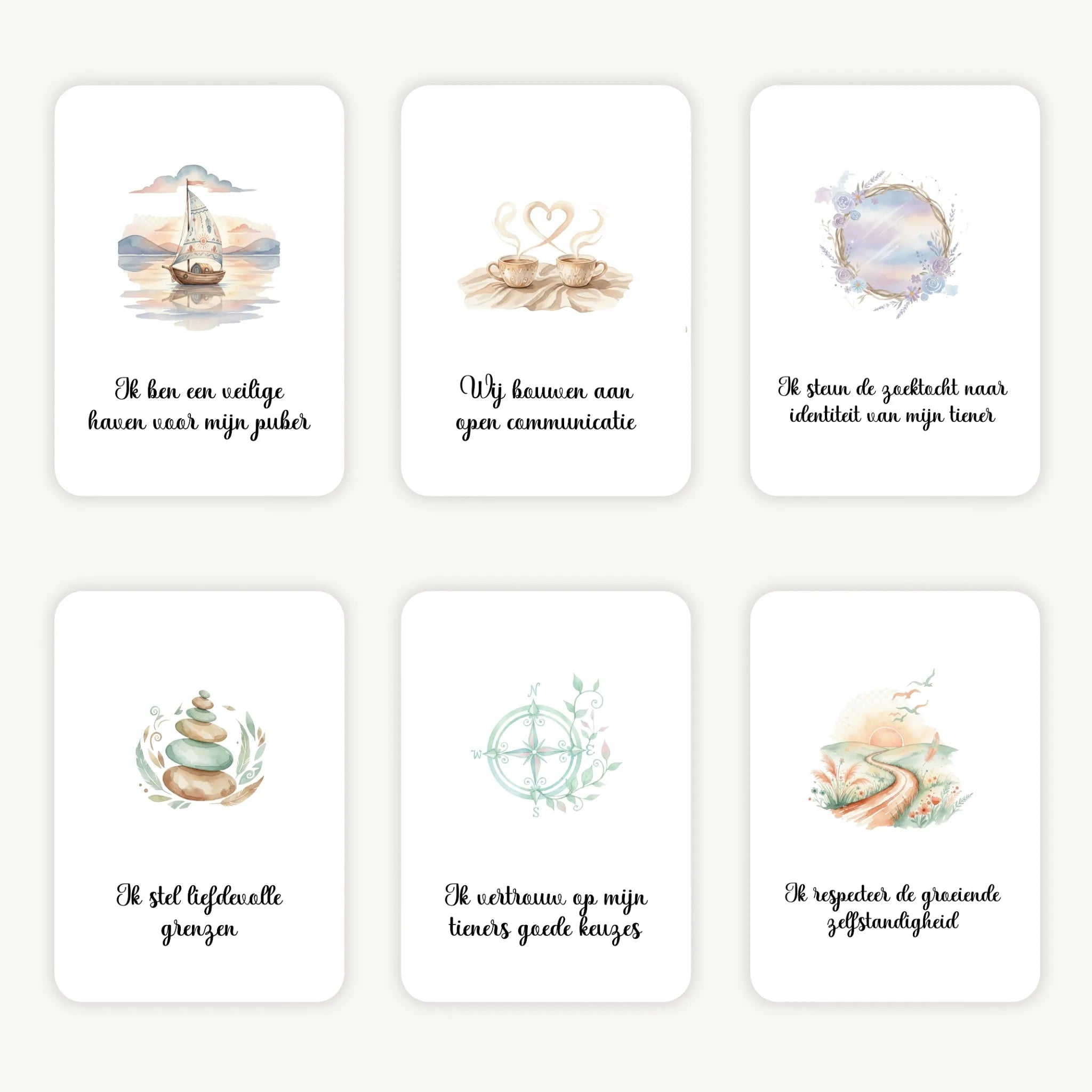 Flatlay van 6 dreamy boho aquarelkaarten met korte affirmaties over het opvoeden van pubers en tieners, in zachte natuurlijke tinten met afgeronde hoeken en een rustige, evenwichtige uitstraling.