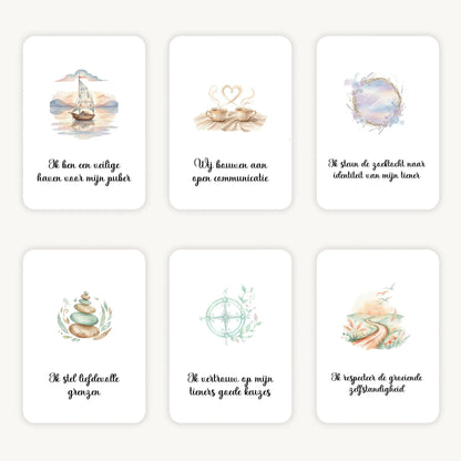 Flatlay van 6 dreamy boho aquarelkaarten met korte affirmaties over het opvoeden van pubers en tieners, in zachte natuurlijke tinten met afgeronde hoeken en een rustige, evenwichtige uitstraling.