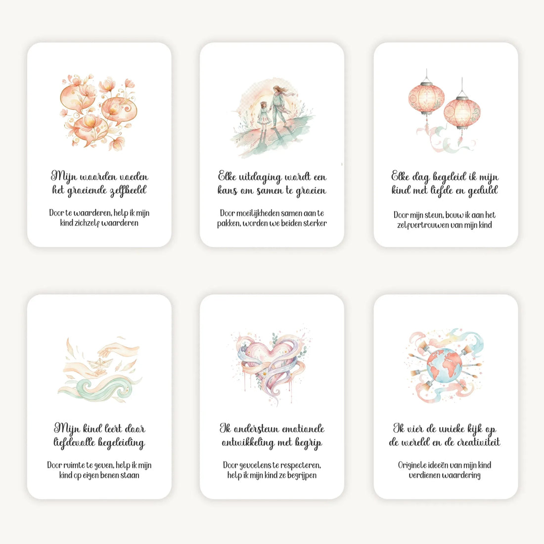 Flatlay van 6 dreamy boho aquarelkaarten met affirmaties en subtekst over het opvoeden van schoolkinderen, in zachte natuurlijke kleuren met afgeronde hoeken en een verfijnde, rustige uitstraling.