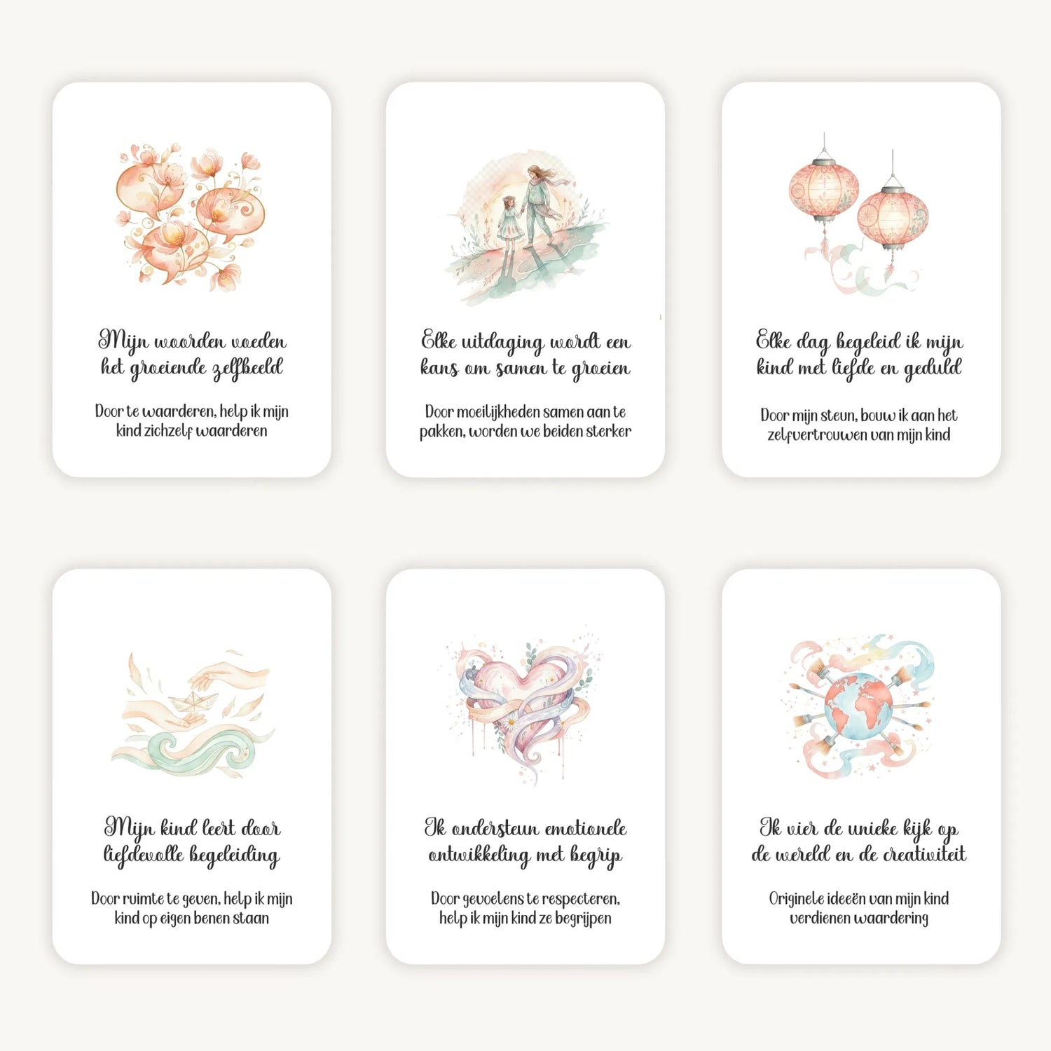 Flatlay van 6 dreamy boho aquarelkaarten met affirmaties en subtekst over het opvoeden van schoolkinderen, in zachte natuurlijke kleuren met afgeronde hoeken en een verfijnde, rustige uitstraling.