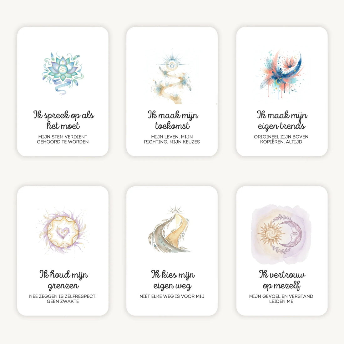 Flatlay van 6 dreamy boho aquarelkaarten met affirmaties en subtekst, in zachte natuurlijke kleuren met afgeronde hoeken en een dromerige uitstraling.