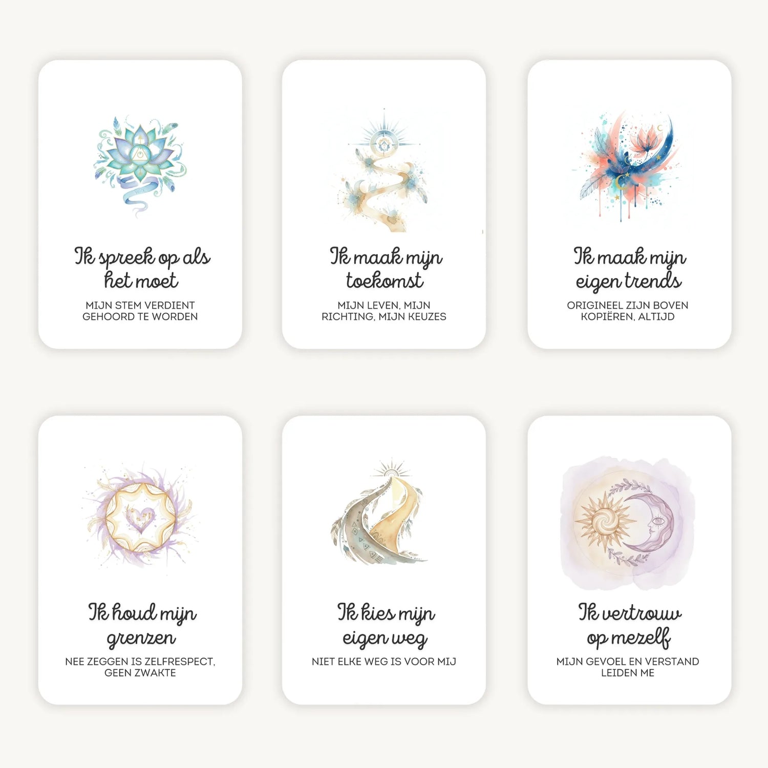 Flatlay van 6 dreamy boho aquarelkaarten met affirmaties en subtekst, in zachte natuurlijke kleuren met afgeronde hoeken en een dromerige uitstraling.