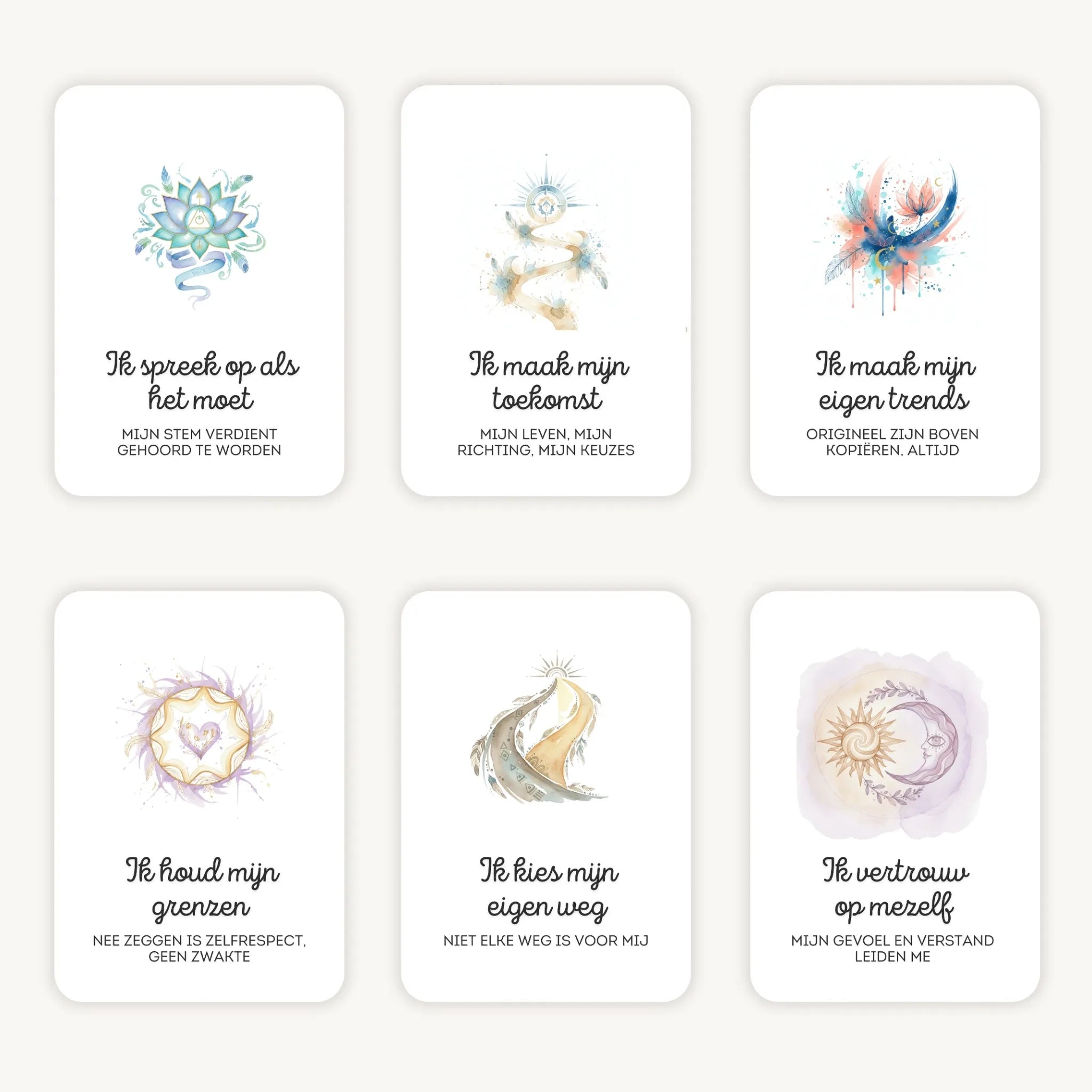 Flatlay van 6 dreamy boho aquarelkaarten met affirmaties en subtekst, in zachte natuurlijke kleuren met afgeronde hoeken en een dromerige uitstraling.
