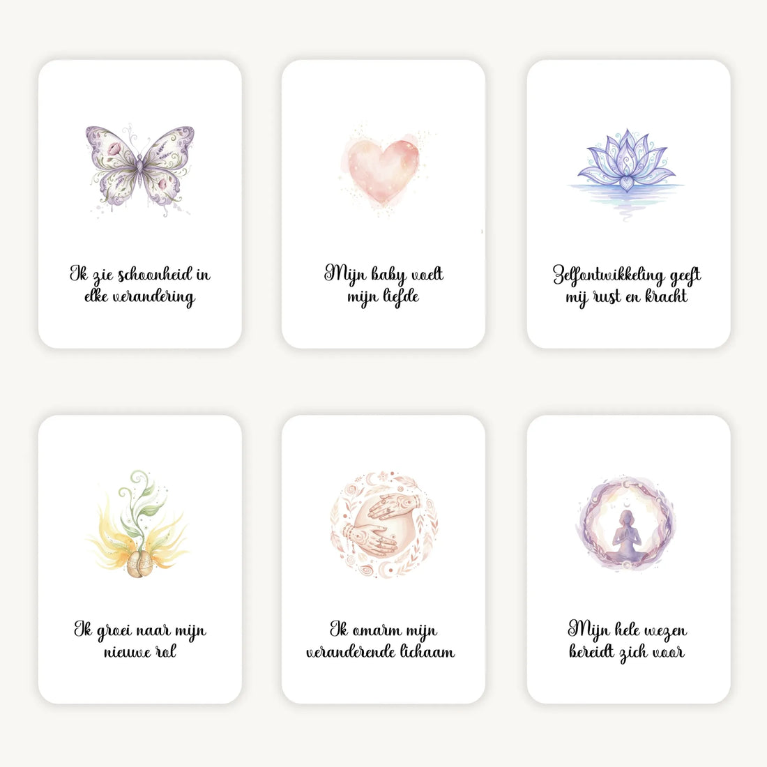 Flatlay van 6 dreamy boho aquarelkaarten met korte affirmaties rond zwangerschap, in zachte natuurlijke tinten met afgeronde hoeken en een warme, serene uitstraling.