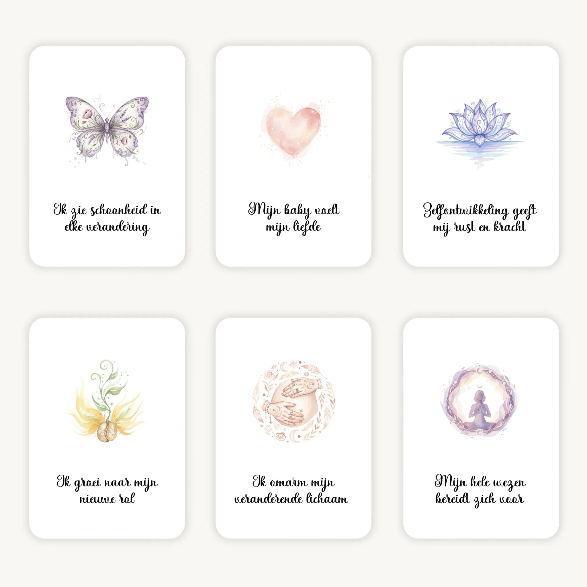 Flatlay van 6 dreamy boho aquarelkaarten met korte affirmaties rond zwangerschap, in zachte natuurlijke tinten met afgeronde hoeken en een warme, serene uitstraling.
