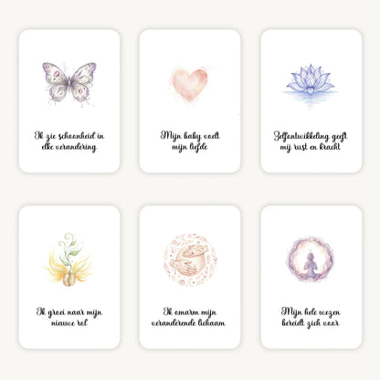 Flatlay van 6 dreamy boho aquarelkaarten met korte affirmaties rond zwangerschap, in zachte natuurlijke tinten met afgeronde hoeken en een warme, serene uitstraling.