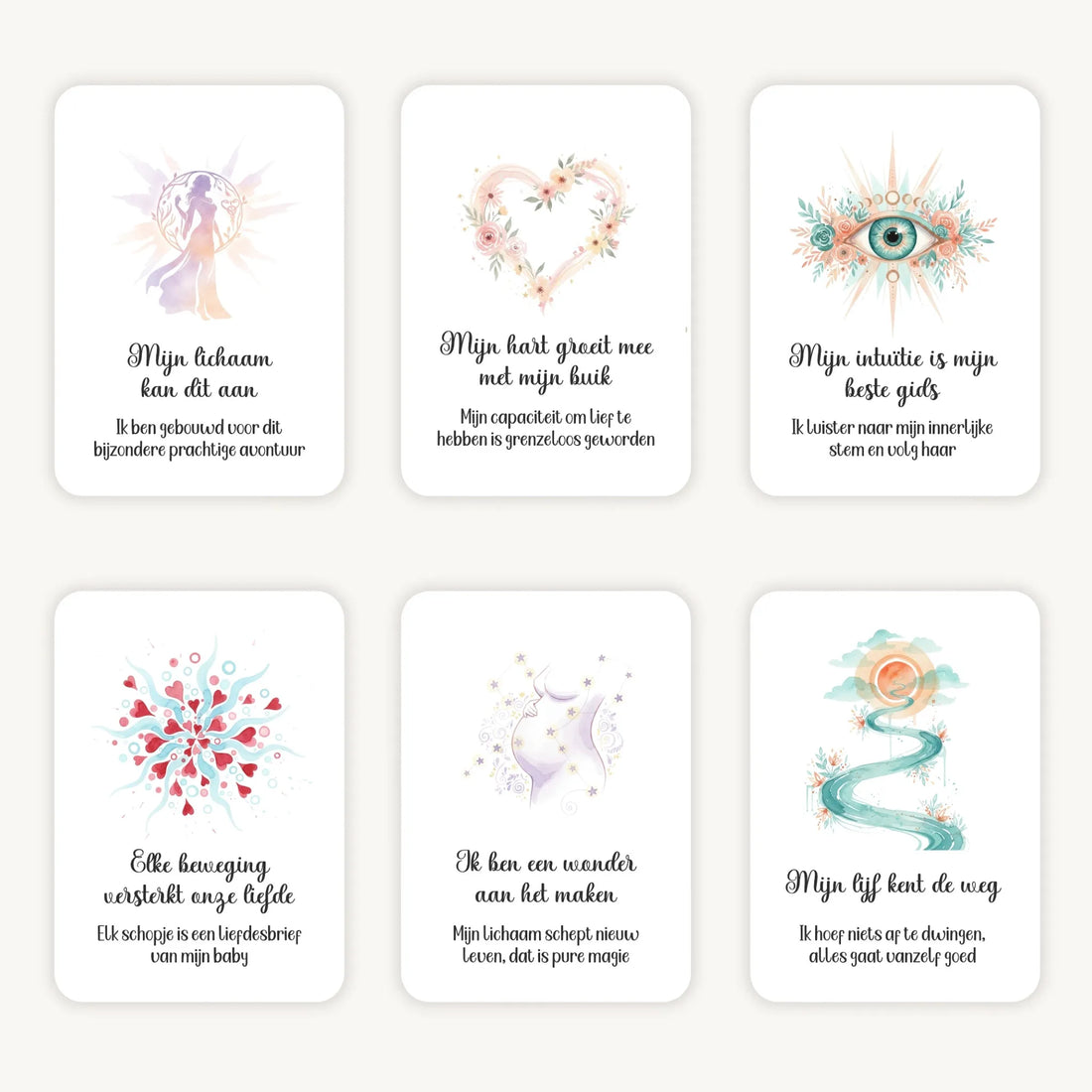 Flatlay van 6 dreamy boho aquarelkaarten met affirmaties en subtekst rond zwangerschap, in zachte natuurlijke kleuren met afgeronde hoeken en een dromerige, liefdevolle uitstraling.