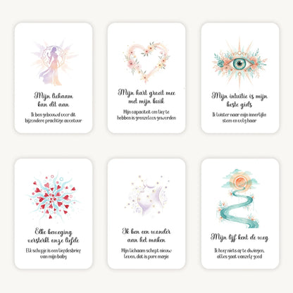 Flatlay van 6 dreamy boho aquarelkaarten met affirmaties en subtekst rond zwangerschap, in zachte natuurlijke kleuren met afgeronde hoeken en een dromerige, liefdevolle uitstraling.