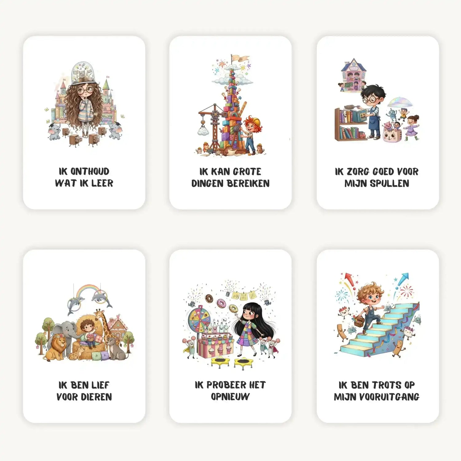 Flatlay van 6 kleurrijke kaarten in quirky whimsical stijl met korte teksten voor schoolkinderen, speelse illustraties en afgeronde hoeken op een lichte ondergrond.