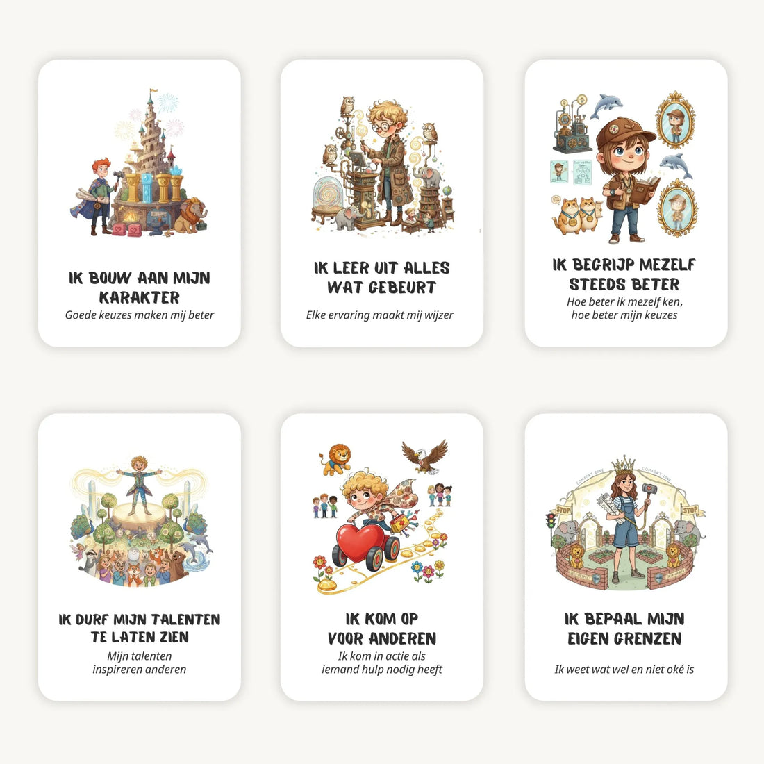 Flatlay van 6 kaarten in quirky whimsical stijl met affirmaties en subtekst voor schoolkinderen, kleurrijke en fantasierijke illustraties met afgeronde hoeken.