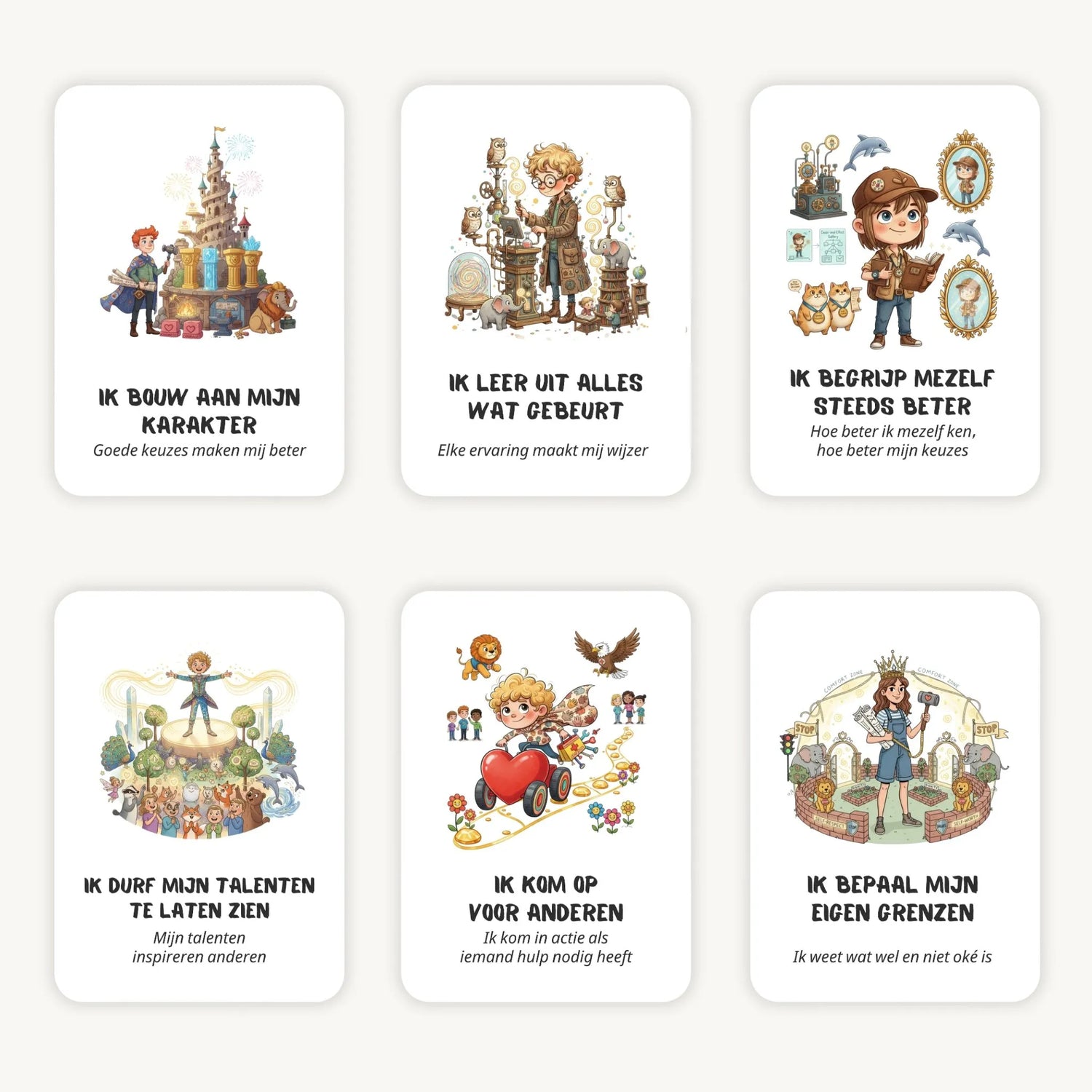 Flatlay van 6 kaarten in quirky whimsical stijl met affirmaties en subtekst voor schoolkinderen, kleurrijke en fantasierijke illustraties met afgeronde hoeken.