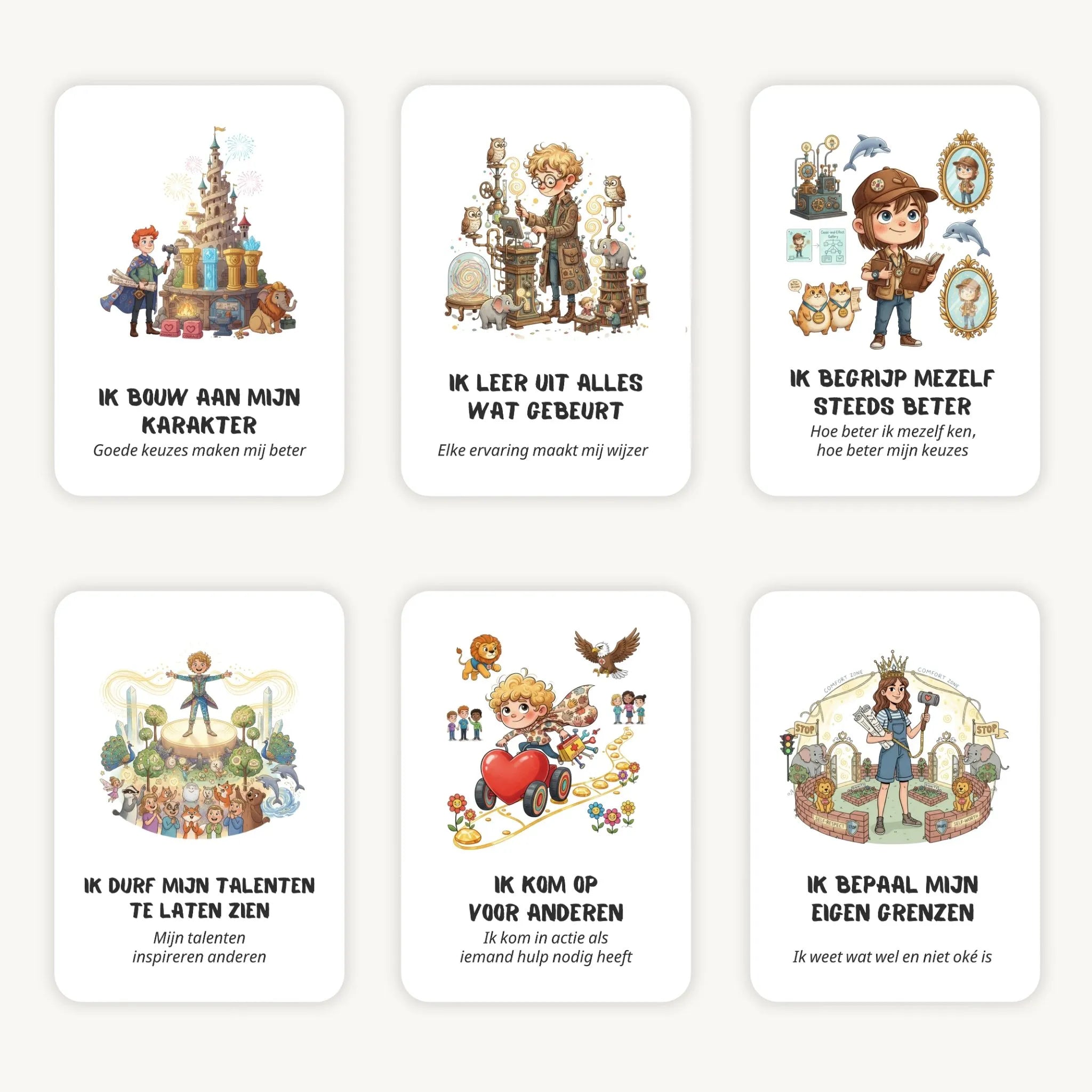 Flatlay van 6 kaarten in quirky whimsical stijl met affirmaties en subtekst voor schoolkinderen, kleurrijke en fantasierijke illustraties met afgeronde hoeken.